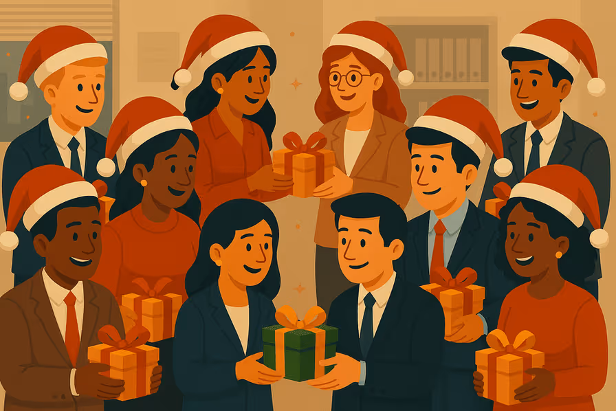 Coworkers exchanging holiday gifts in an office setting