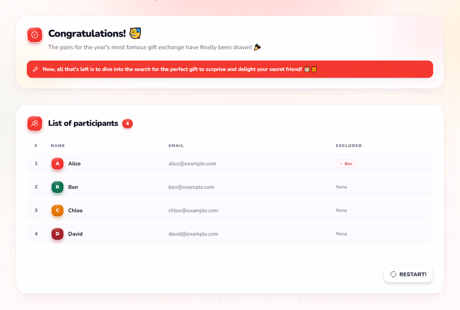 Página de sorteo completado con la lista final de participantes